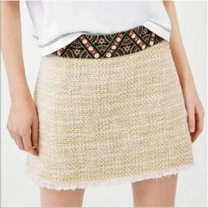 Zara Trafaluc Boho Embroidered Fringe Tweed Mini Skirt